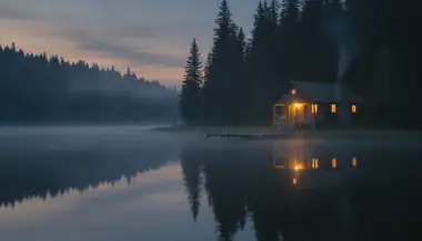 Four versions of a lakeside cabin scene, with one selected