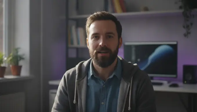 A freelance designer introducing himself as an AI avatar in a short client intro video