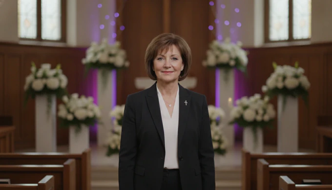 A funeral celebrant in a chapel hall with white flowers, preparing a slideshow for a service