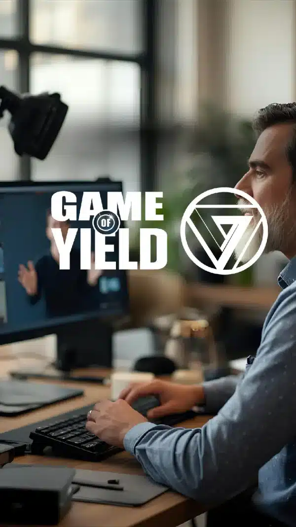 Game of Yield logo over a man working at his computer