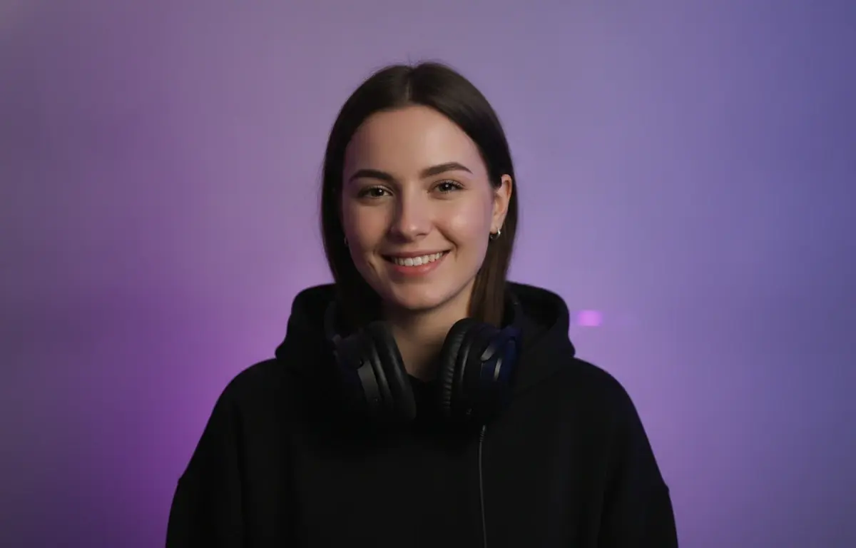 Gaming creator with a headset around her neck after making a channel intro with Pictory