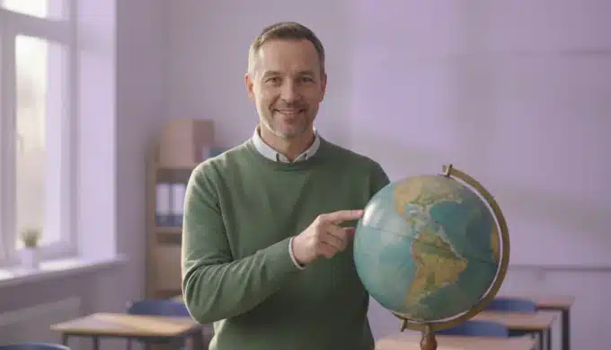 A geography teacher pointing at a globe in a classroom in a lesson video dubbed by Pictory