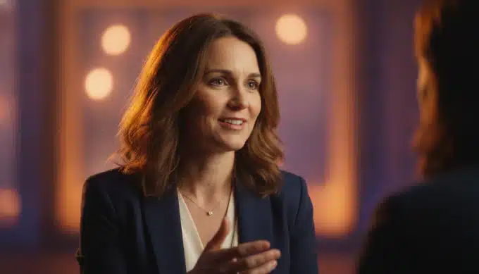 A guest talking to an interviewer off camera in a studio, in a video with captions added by Pictory