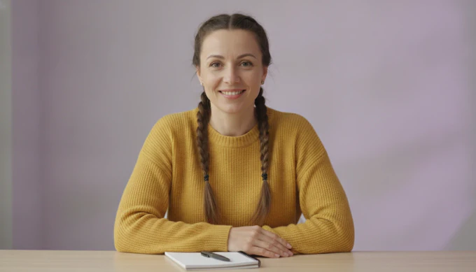 A help center writer smiling at her desk, with a help article turned into a how-to video by an AI video agent