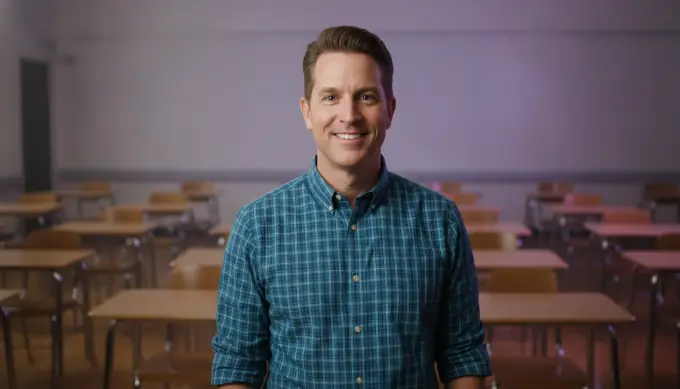 A high school teacher in his classroom in a lesson video with a quiz