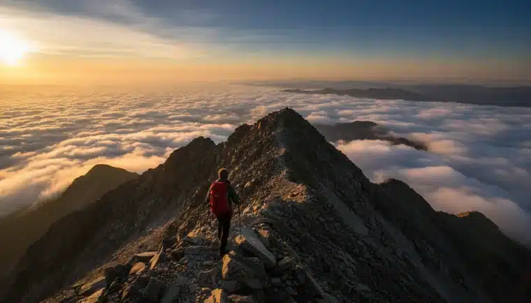 A hiker on a mountain summit above the clouds, with a filmstrip showing the clip being extended