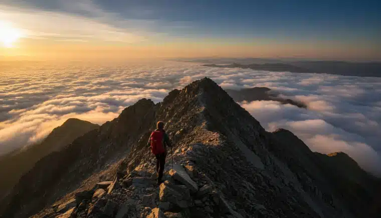 A hiker on a mountain summit above the clouds, with a filmstrip showing the clip being extended