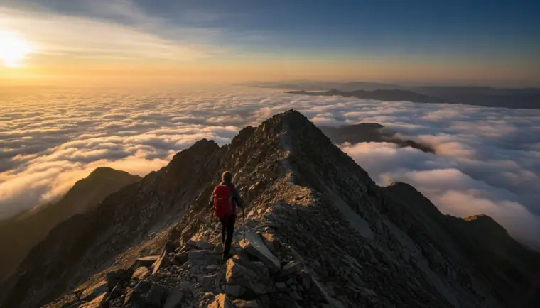 A hiker on a mountain summit above the clouds, with a filmstrip showing the clip being extended