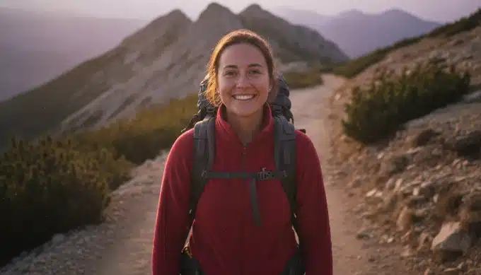 A hiker on a mountain trail in a trip recap video made from her photos and clips