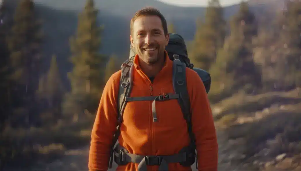 A hiker smiling on a mountain trail in a video montage made from his photos and clips