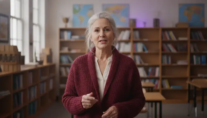A history teacher in a lesson video read by an AI narrator, with the script and captions ticked off
