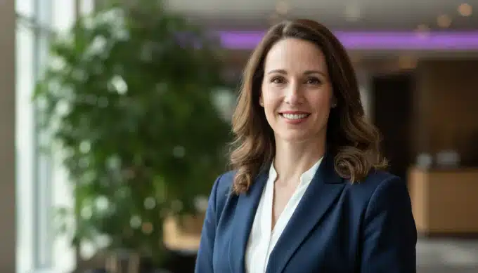 A hotel manager in a bright lobby in a promo video for her hotel