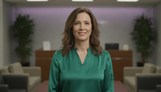A human resources manager in a reception area in an onboarding video for new hires