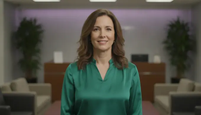 A human resources manager in a reception area in an onboarding video for new hires