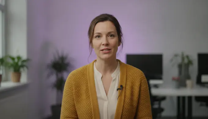 An instructional designer in a training video narrated by an AI voiceover, with the voice and captions ticked off