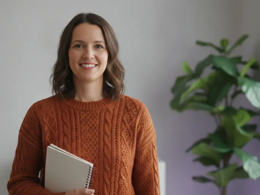 Instructional designer with her notebook after adding captions to a training video in Pictory