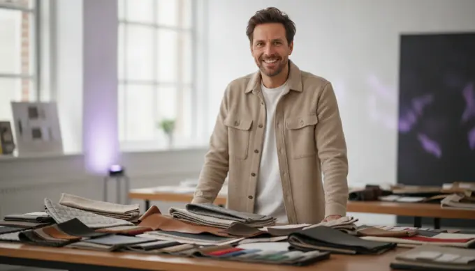An interior designer beside a table of material samples in a portfolio reel made from project photos
