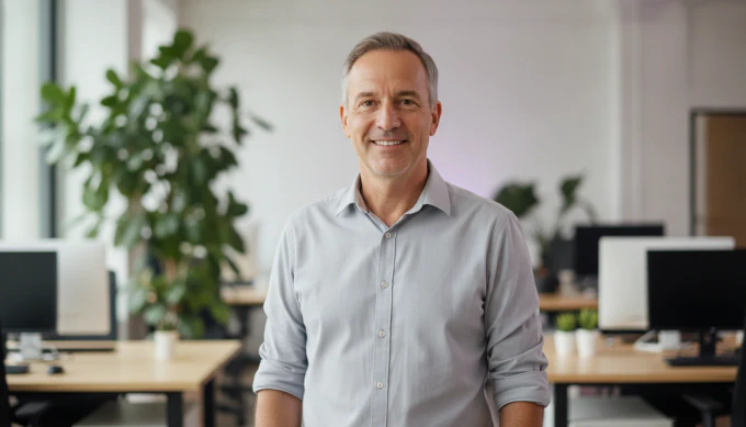 An internal communications manager in an open-plan office in a process explainer video