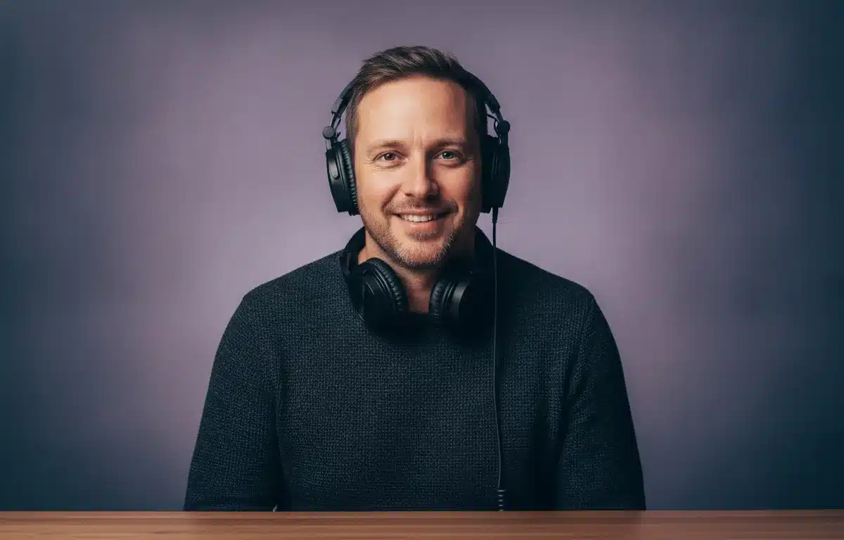 An interviewer with headphones at a desk after turning a recorded interview into text with Pictory