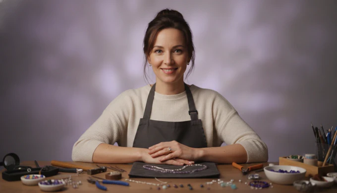 A jewelry maker at her workbench in a product Reel for her shop
