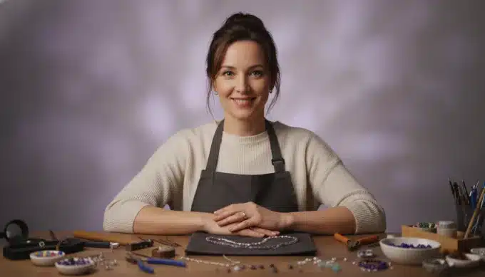 A jewelry maker at her workbench in a product Reel for her shop