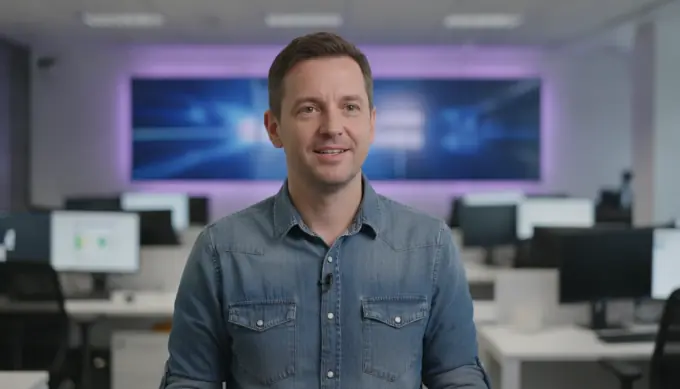 A journalist in a short summary video made from a long interview recording