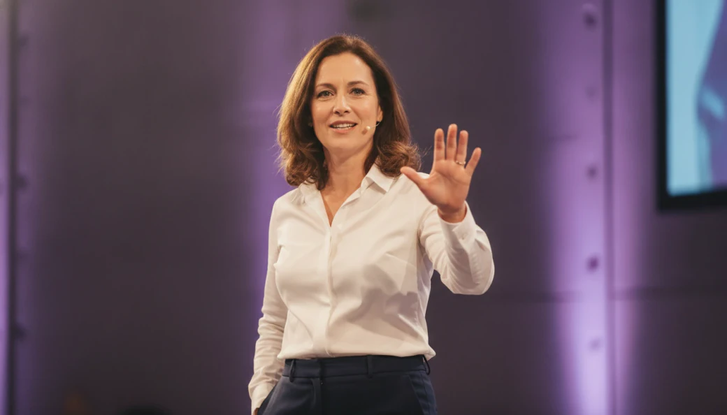 A keynote speaker on stage in a captioned highlight reel Pictory made from her long talk