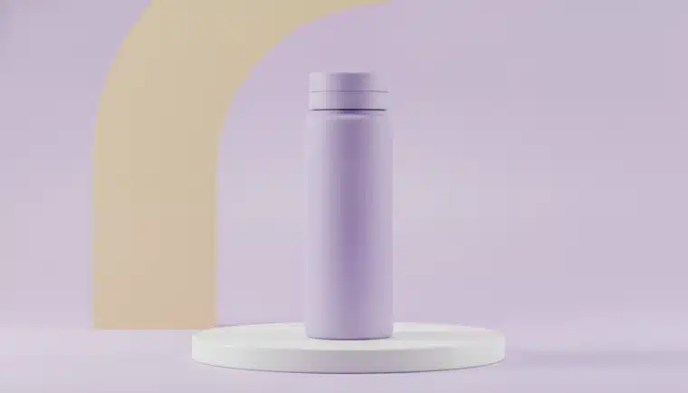 A lavender water bottle styled with brand kit colors