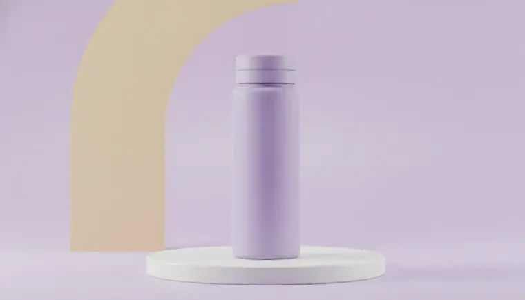 A lavender water bottle styled with brand kit colors