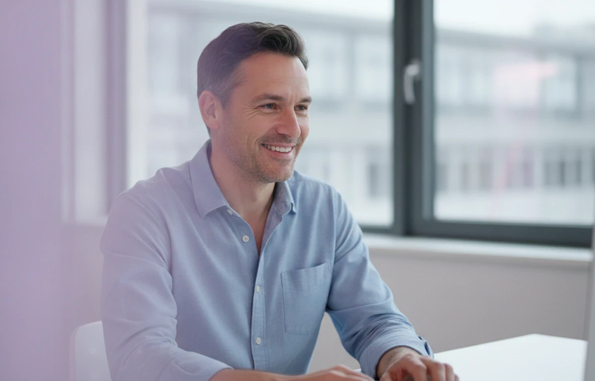 Learning manager at his desk watching an AI avatar present his onboarding script in Pictory
