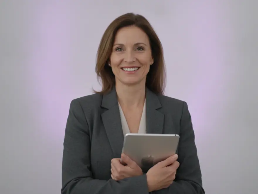 Learning platform administrator holding a tablet after reviewing the quiz questions on a training video