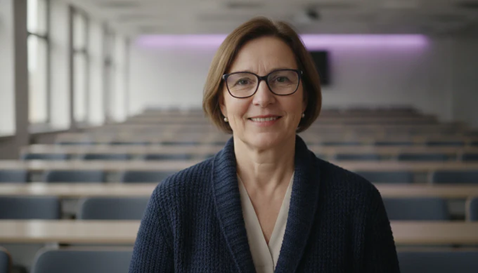 A lecturer smiling in a lesson video made from her lecture slides