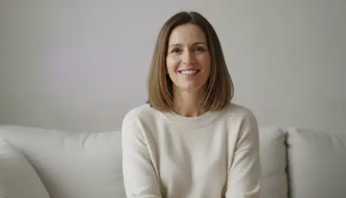 A life coach on her sofa in a video made from a recorded voice note