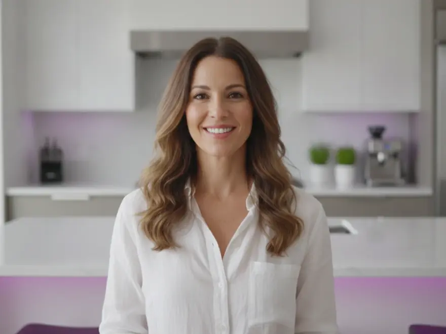 Lifestyle vlogger talking to the camera in her kitchen, in a vertical Short made with Pictory