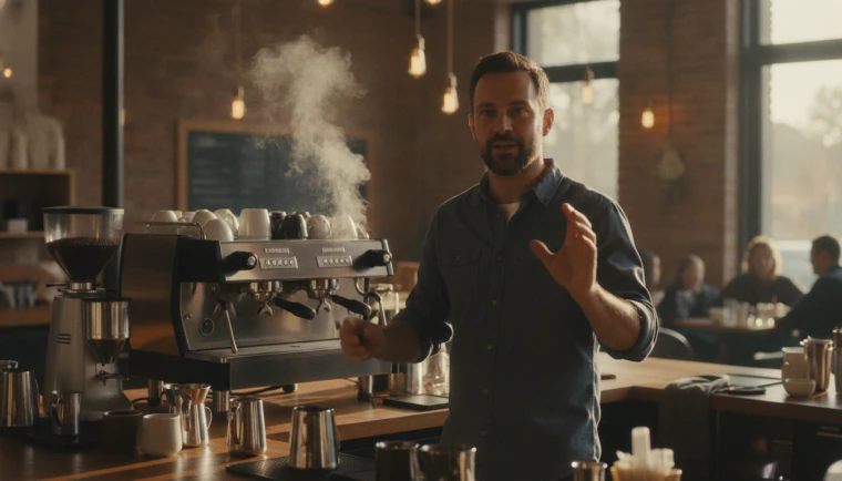 A male barista talking to the camera in his cafe, with a play button and audio waveform