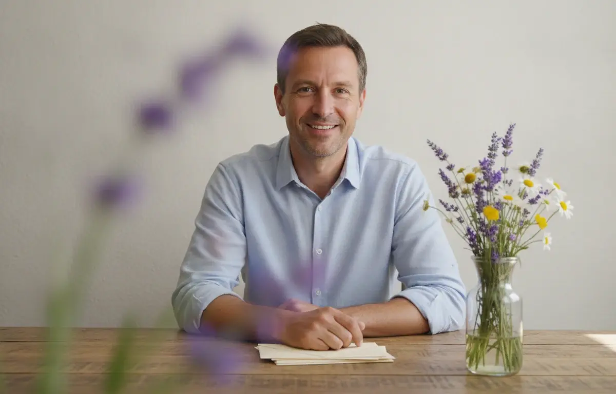 Man at a dining table with envelopes and flowers after making a video invitation in Pictory