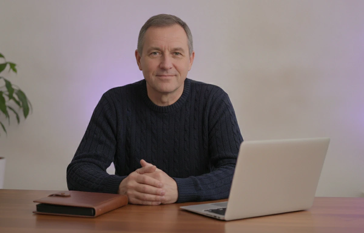 Man at a dining table with a photo album after making a memorial video from family photos in Pictory