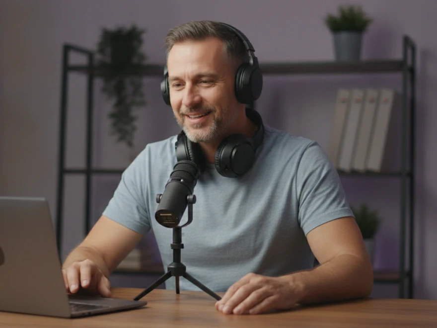 Man at his desk microphone choosing an AI voice for his video in Pictory