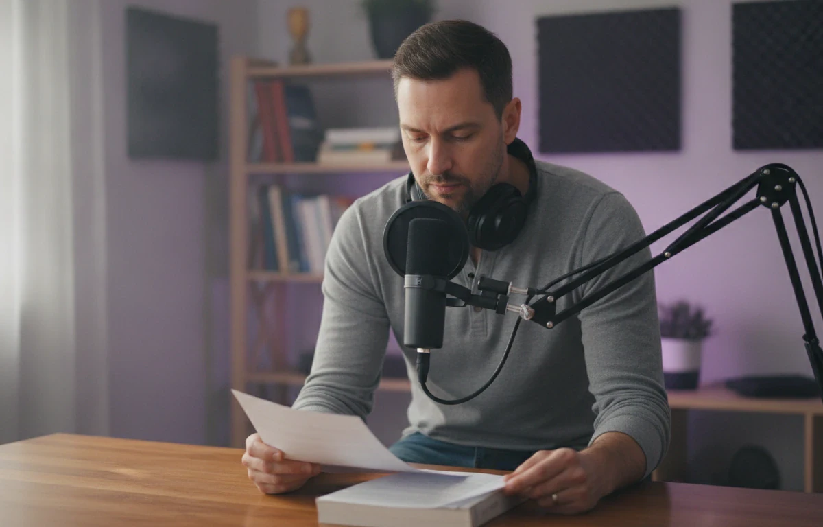 Man at his desk reading a page into a microphone to record the sample for his Pictory voice clone