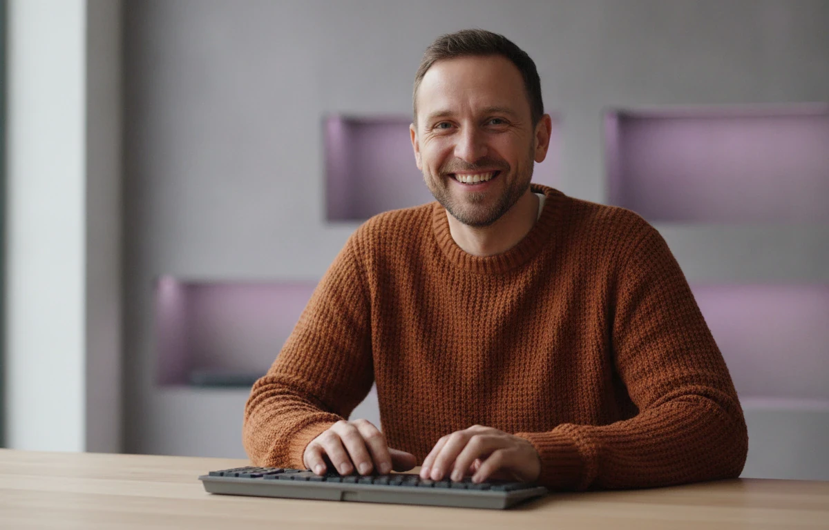 Man at his desk typing the text his AI talking avatar will speak in a Pictory video
