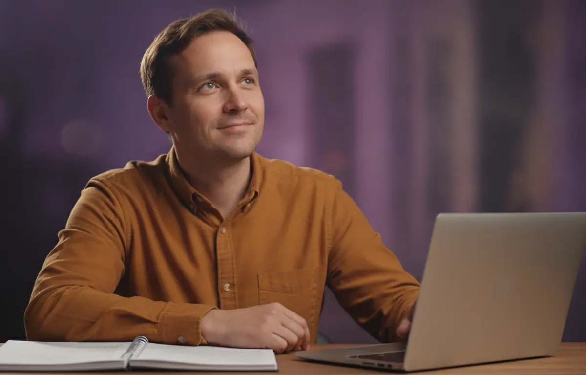 Man at his desk with a notebook, turning a one-line idea into a captioned video with Pictory