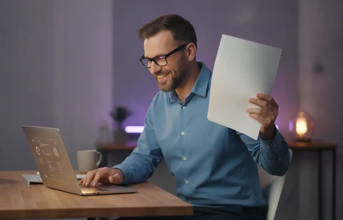 Man at his desk with a printed report, turning the PDF into a captioned video with Pictory