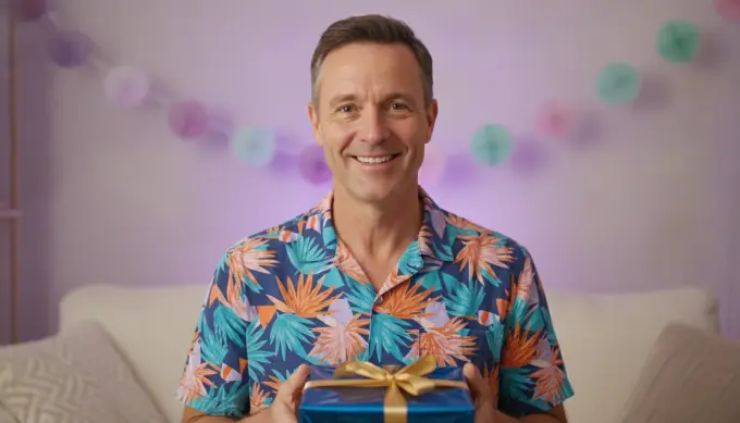 A man holding a wrapped gift in a decorated living room in a birthday video invitation