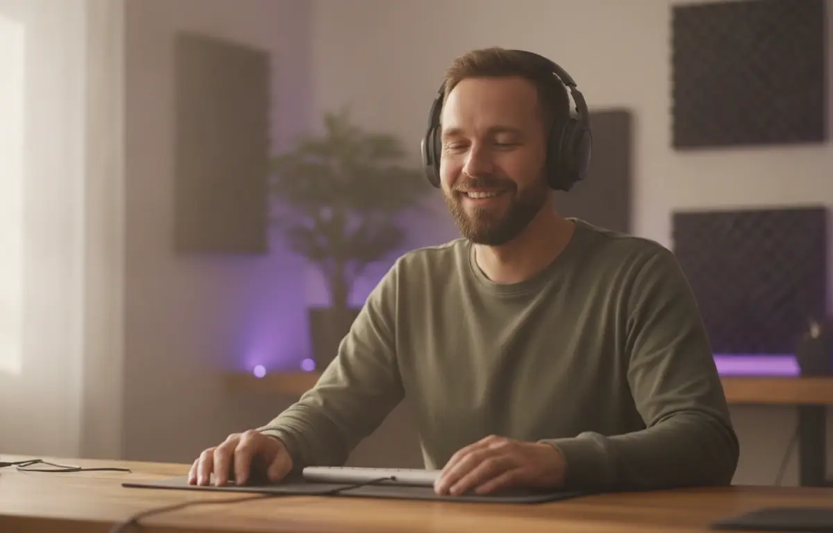 Man in headphones at his desk listening to a music track he added to a video in Pictory