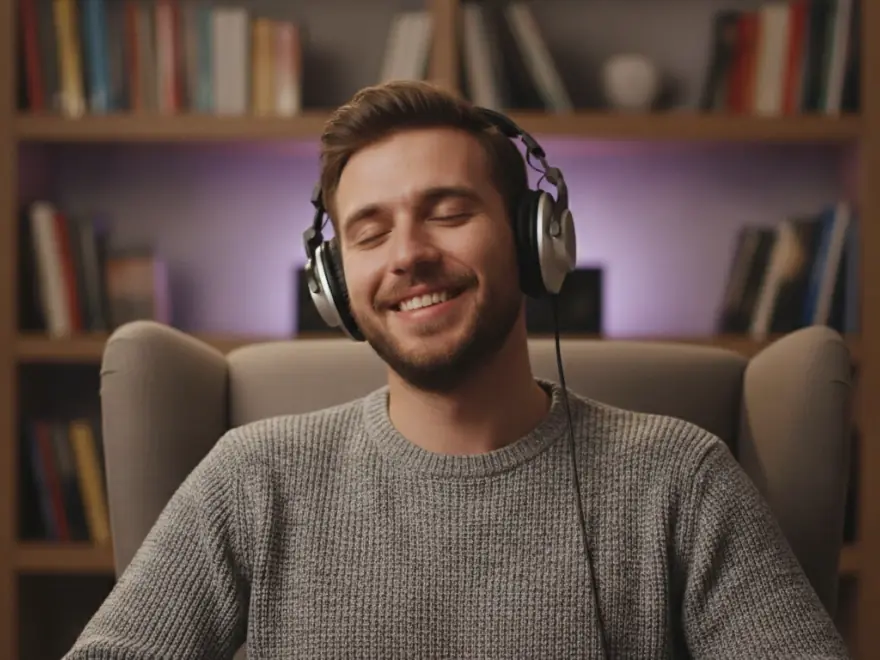 Man in headphones smiling as he previews a narrator voice for his Pictory video