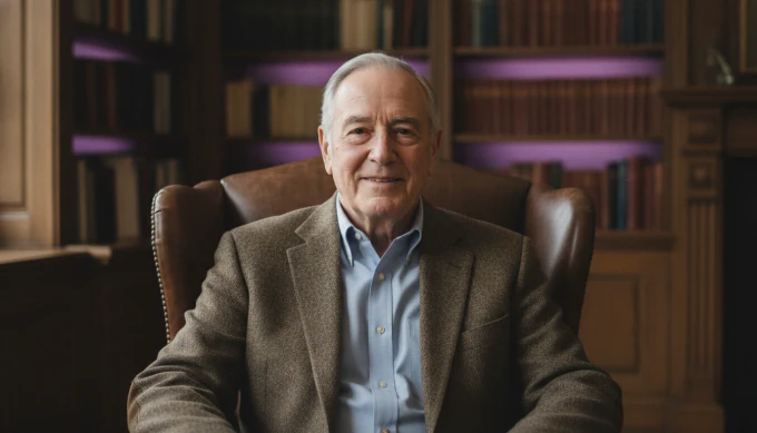 A man in his seventies in an armchair in a life tribute video made from family photos