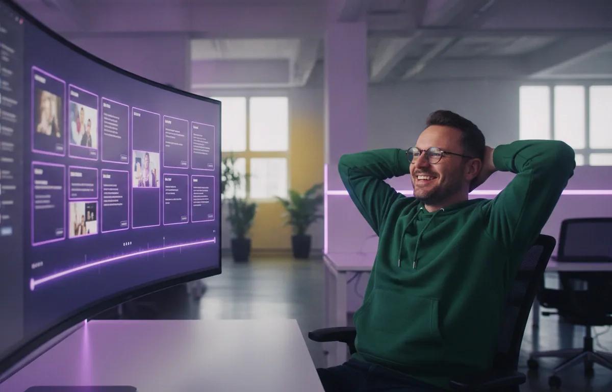 A man leaning back with a smile as script cards arrange themselves into a storyboard on his monitor