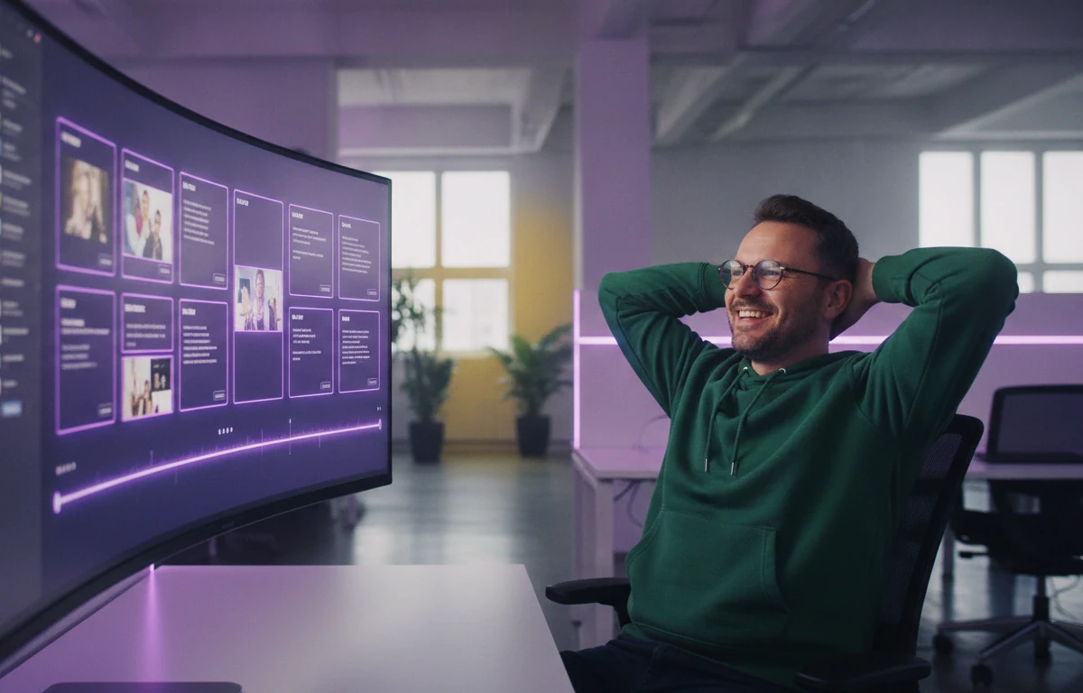 A man leaning back with a smile as script cards arrange themselves into a storyboard on his monitor