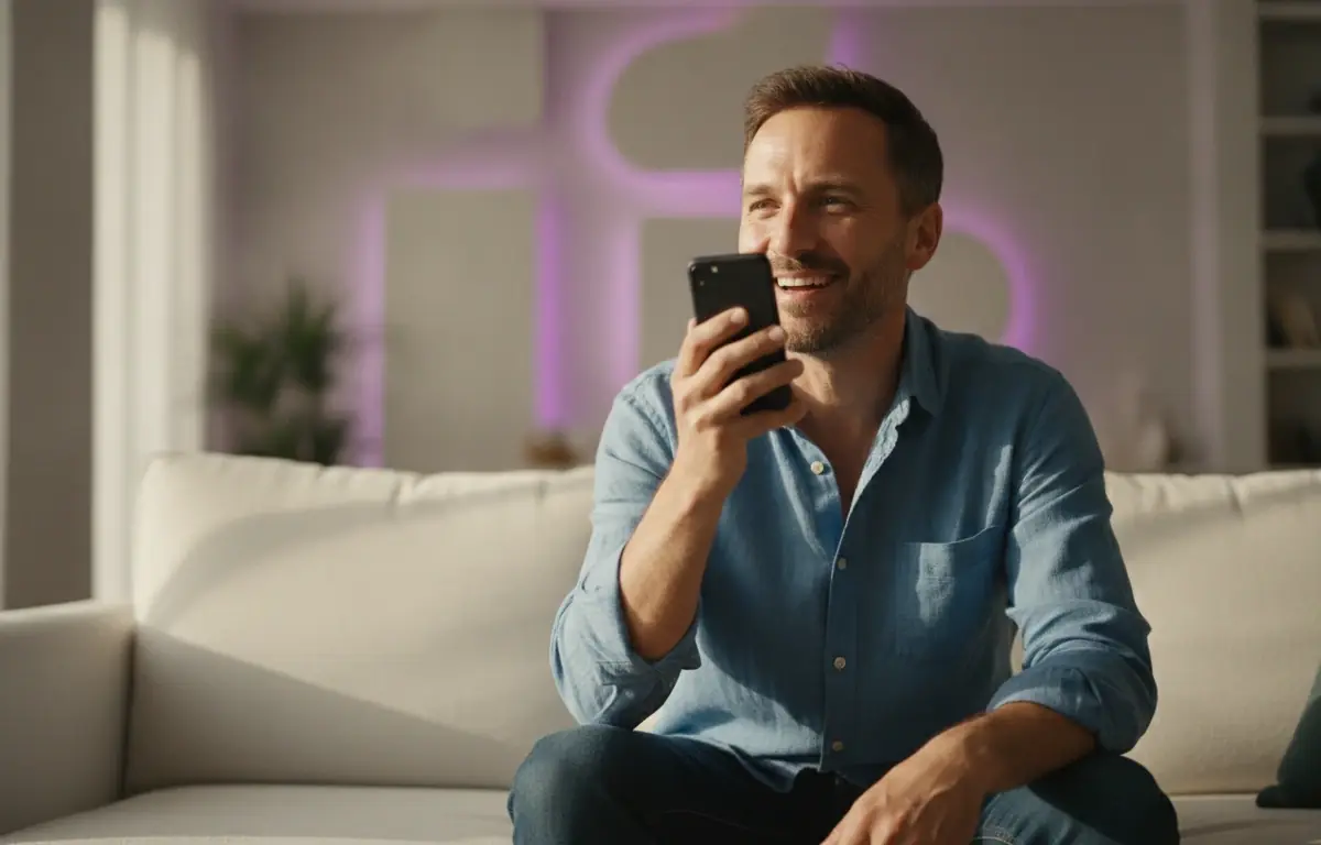 Man on his sofa recording a voice note on his phone to turn into a video with Pictory