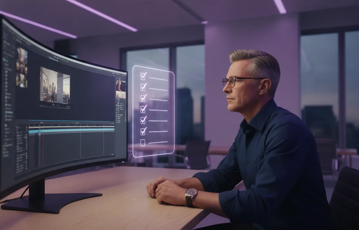 A man with glasses reviewing a draft video on a large monitor beside a floating checklist of steps
